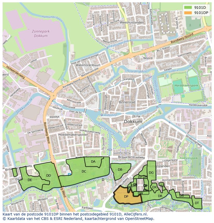 Afbeelding van het postcodegebied 9101 DP op de kaart.
