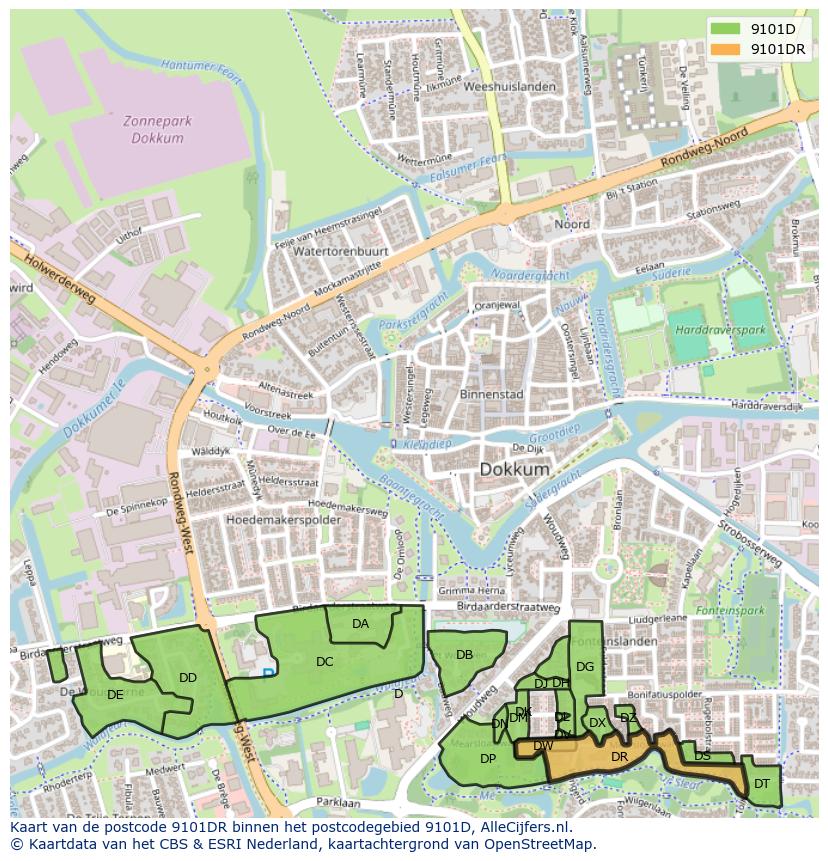 Afbeelding van het postcodegebied 9101 DR op de kaart.