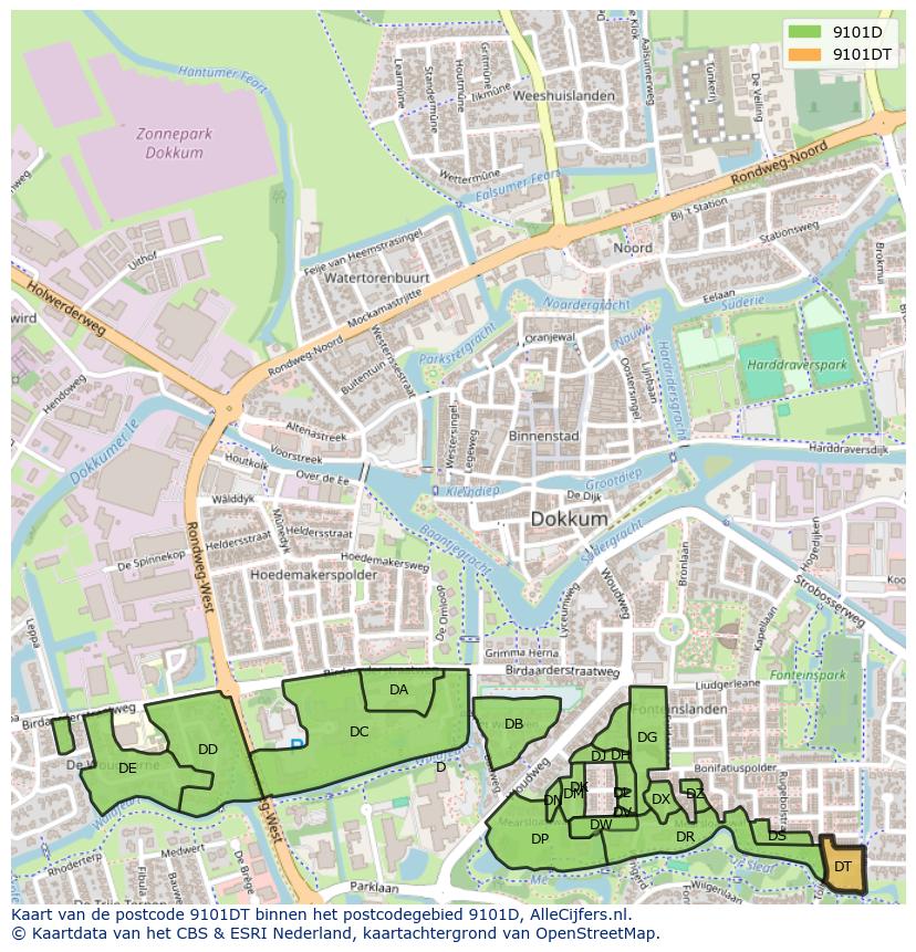 Afbeelding van het postcodegebied 9101 DT op de kaart.