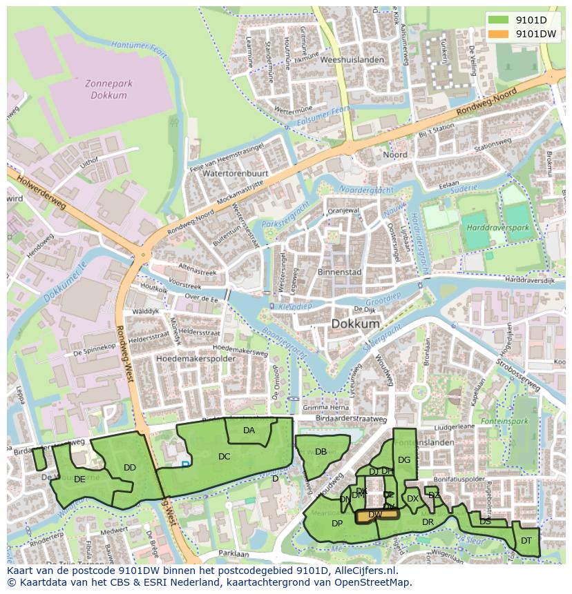 Afbeelding van het postcodegebied 9101 DW op de kaart.