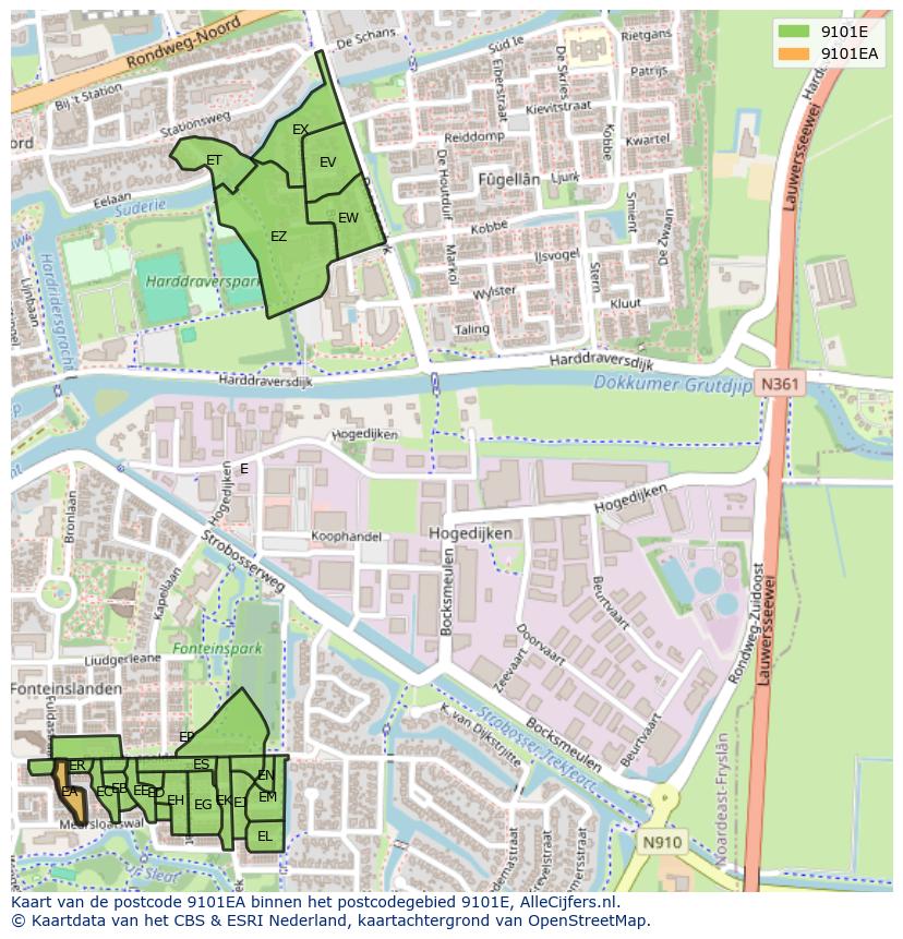 Afbeelding van het postcodegebied 9101 EA op de kaart.