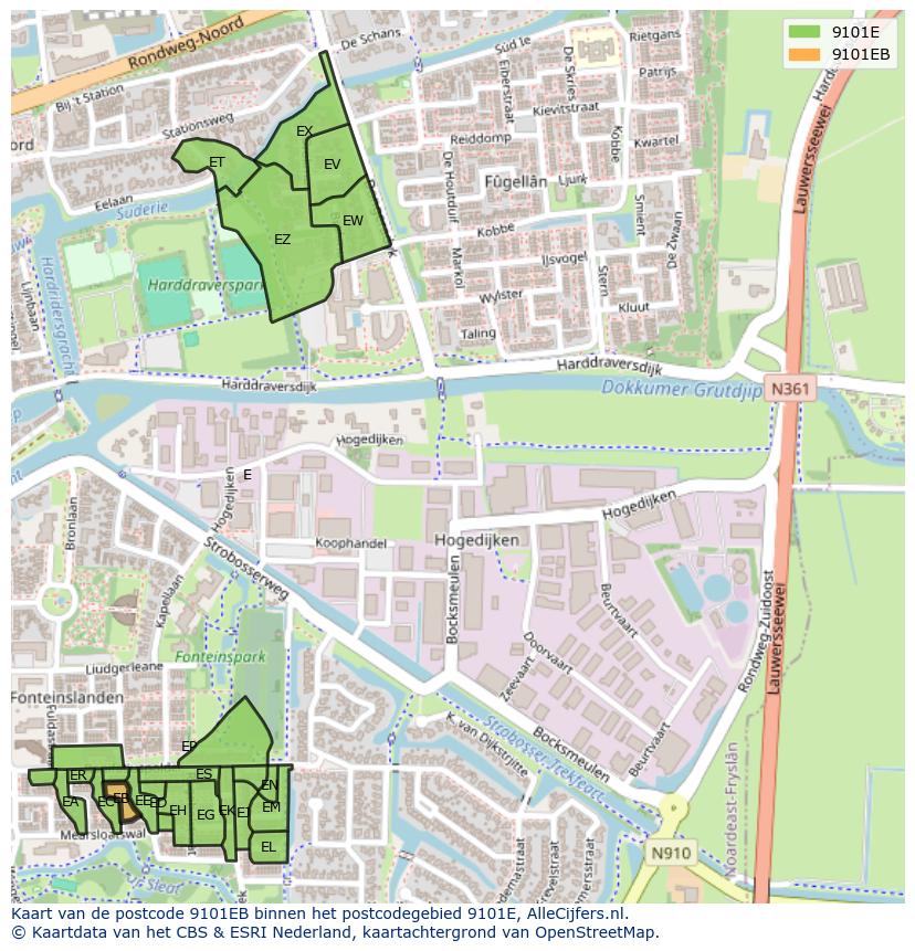 Afbeelding van het postcodegebied 9101 EB op de kaart.