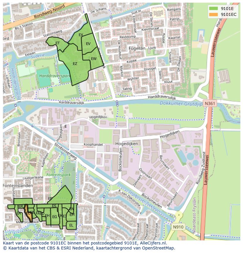 Afbeelding van het postcodegebied 9101 EC op de kaart.