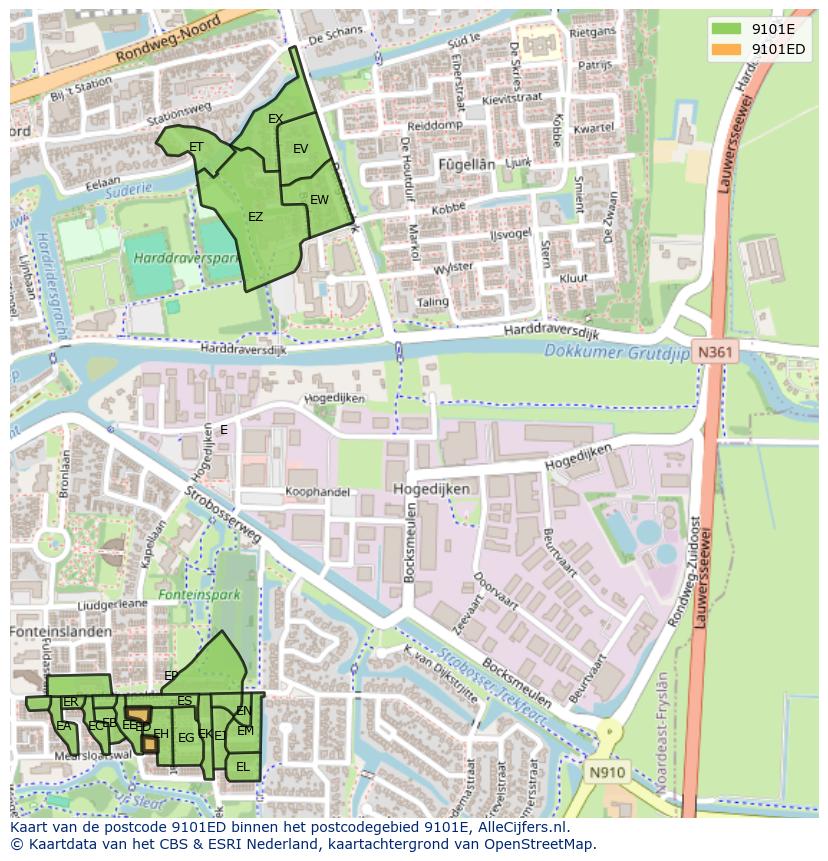 Afbeelding van het postcodegebied 9101 ED op de kaart.