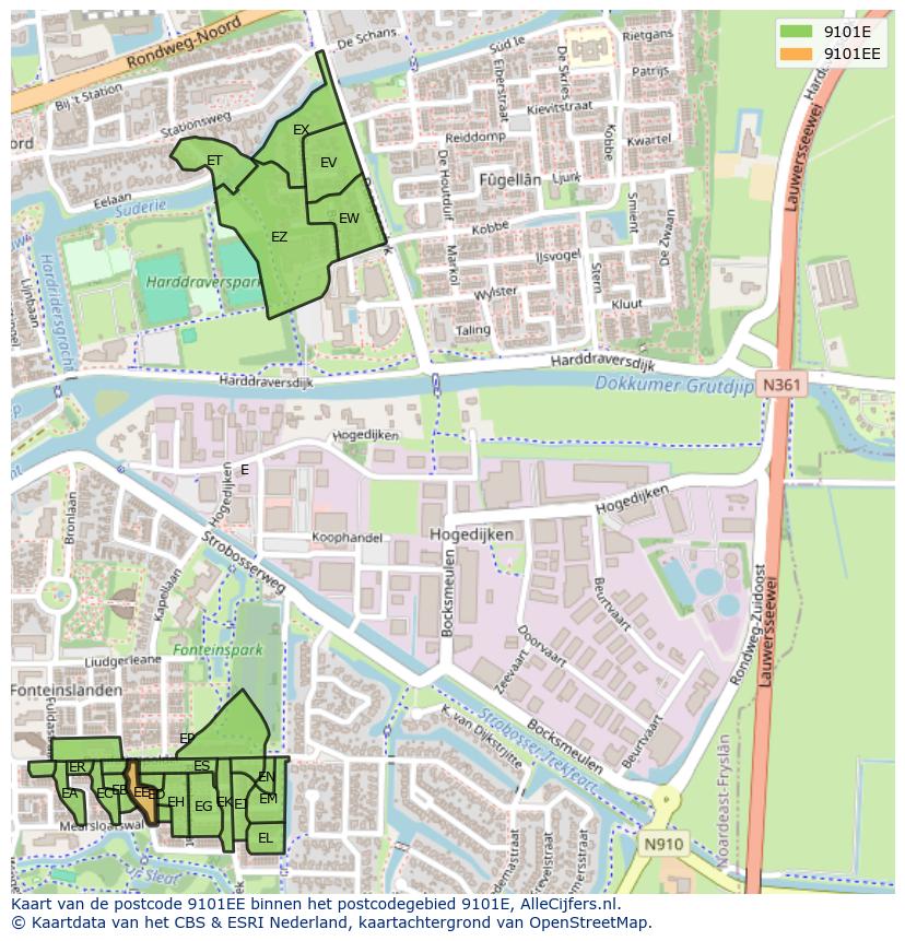 Afbeelding van het postcodegebied 9101 EE op de kaart.
