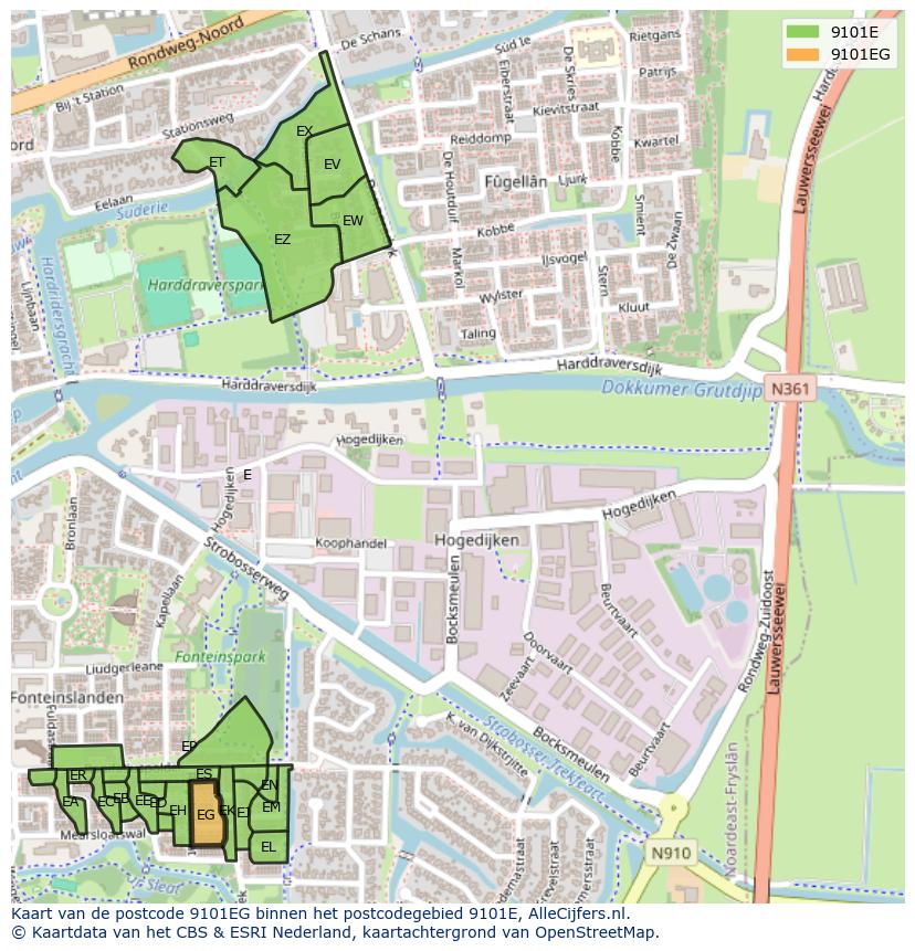 Afbeelding van het postcodegebied 9101 EG op de kaart.