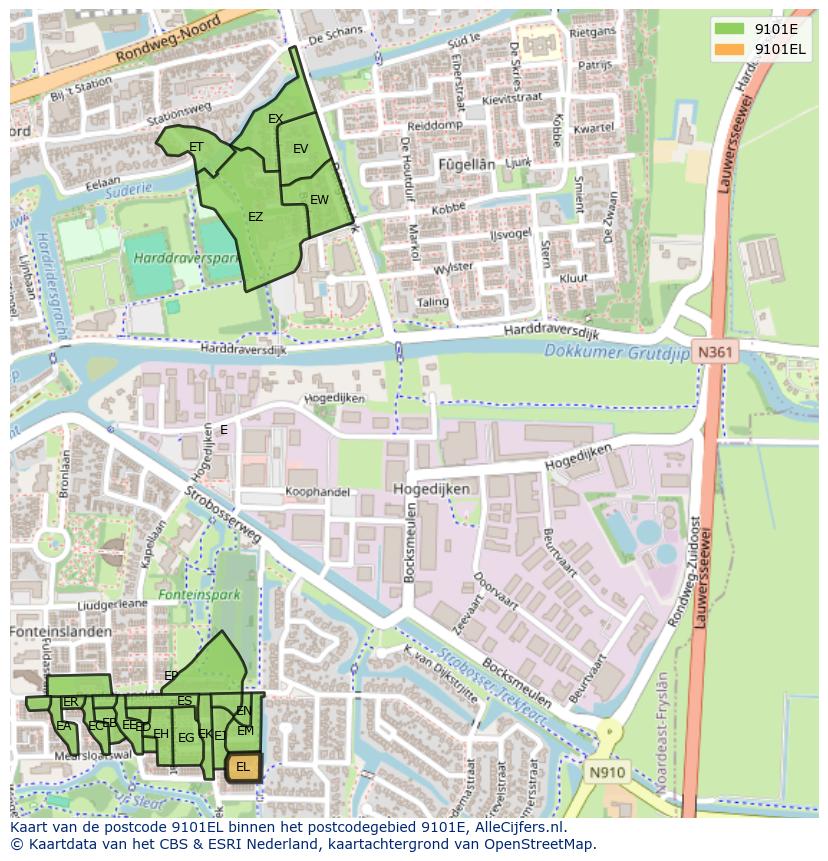 Afbeelding van het postcodegebied 9101 EL op de kaart.