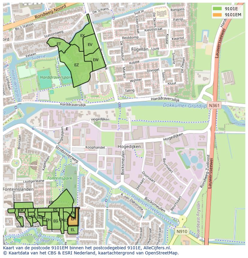 Afbeelding van het postcodegebied 9101 EM op de kaart.