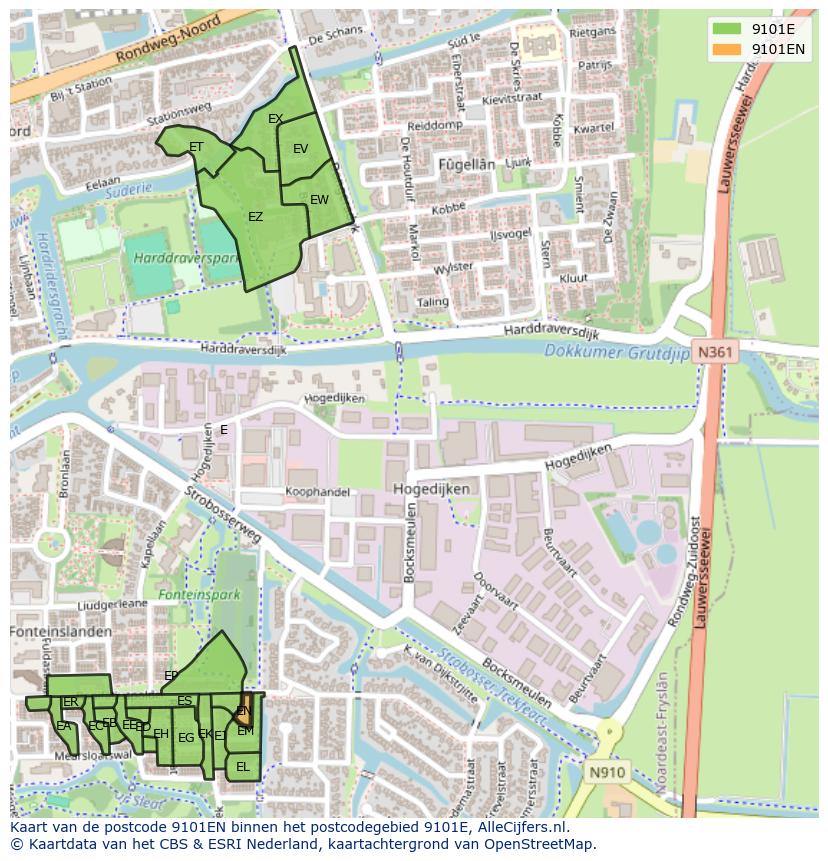 Afbeelding van het postcodegebied 9101 EN op de kaart.