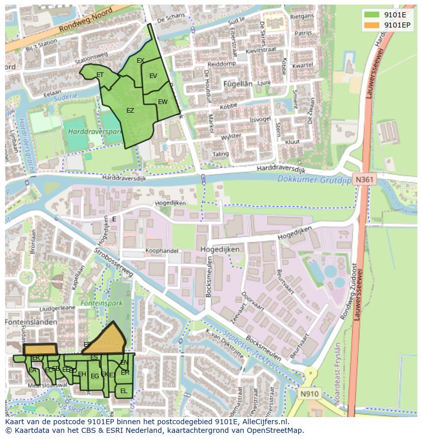 Afbeelding van het postcodegebied 9101 EP op de kaart.