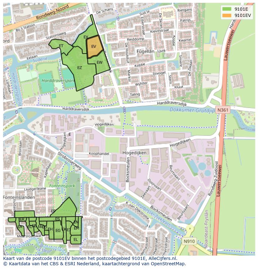 Afbeelding van het postcodegebied 9101 EV op de kaart.