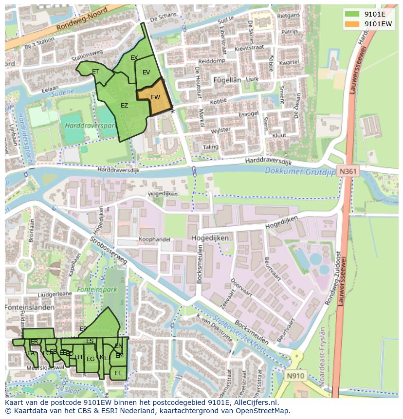 Afbeelding van het postcodegebied 9101 EW op de kaart.
