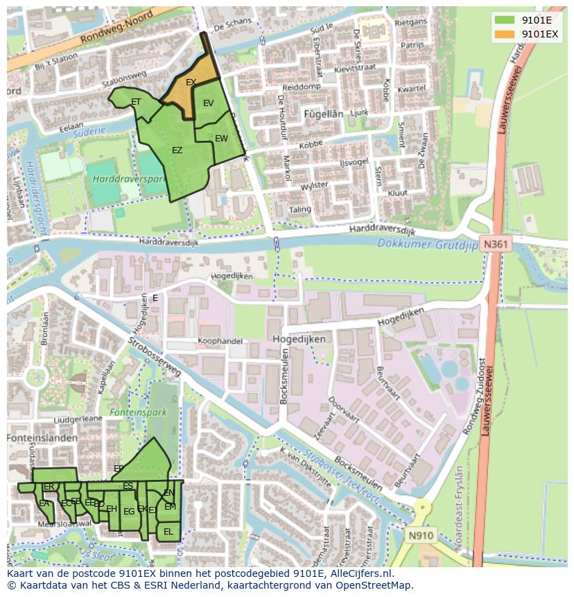 Afbeelding van het postcodegebied 9101 EX op de kaart.