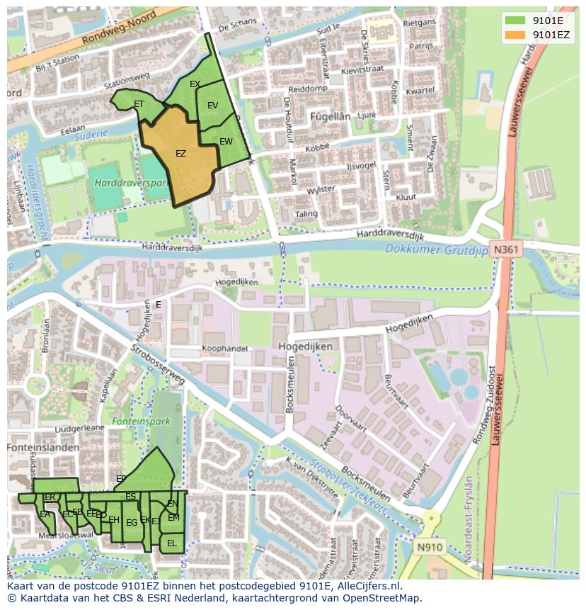 Afbeelding van het postcodegebied 9101 EZ op de kaart.
