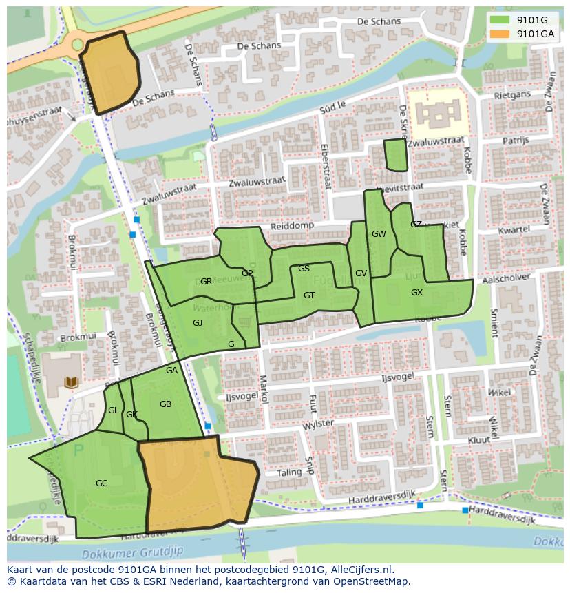 Afbeelding van het postcodegebied 9101 GA op de kaart.