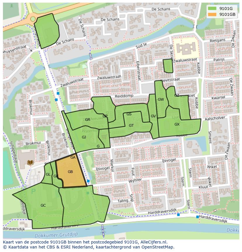 Afbeelding van het postcodegebied 9101 GB op de kaart.