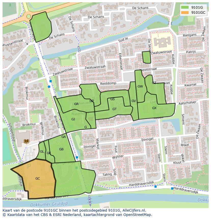Afbeelding van het postcodegebied 9101 GC op de kaart.