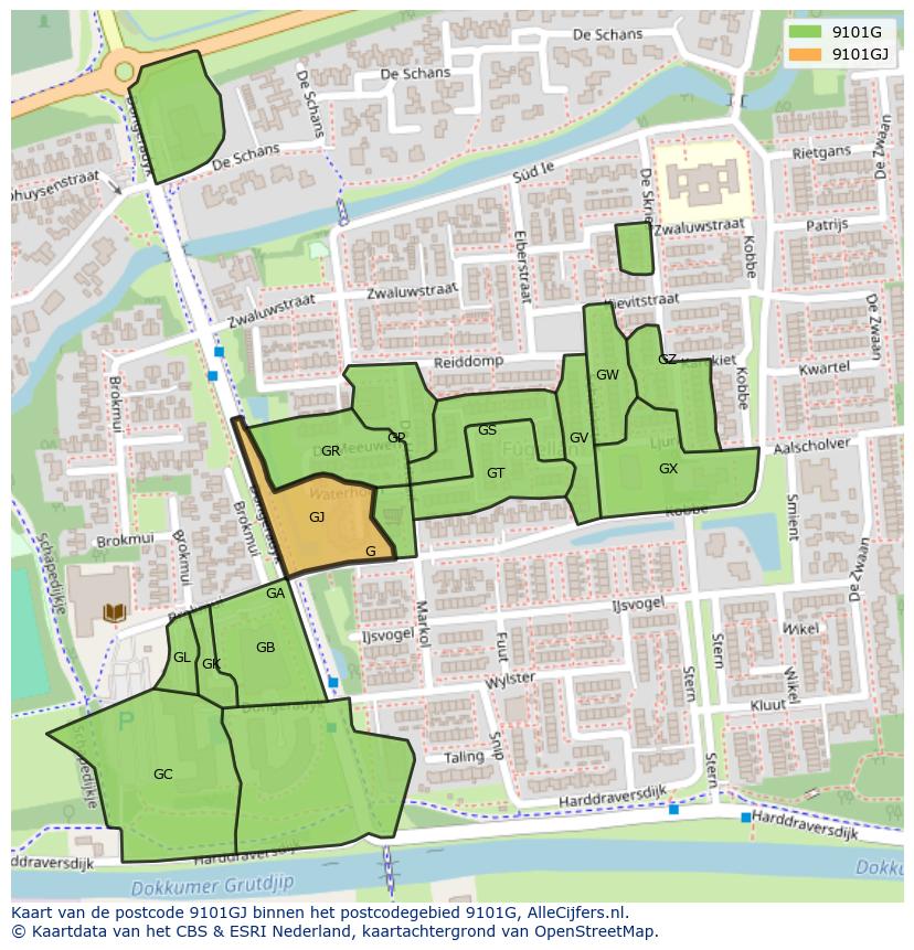 Afbeelding van het postcodegebied 9101 GJ op de kaart.