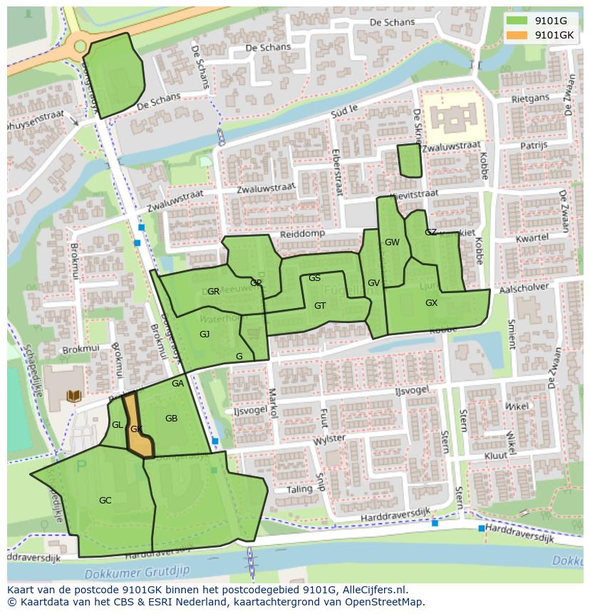 Afbeelding van het postcodegebied 9101 GK op de kaart.