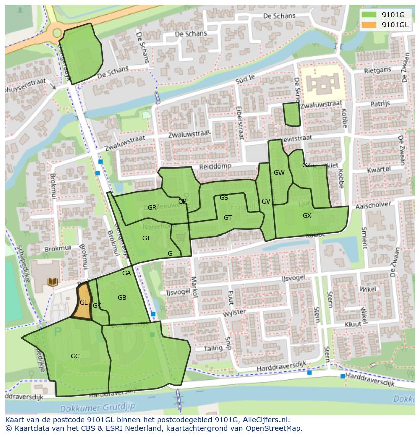 Afbeelding van het postcodegebied 9101 GL op de kaart.