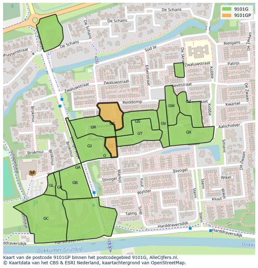 Afbeelding van het postcodegebied 9101 GP op de kaart.