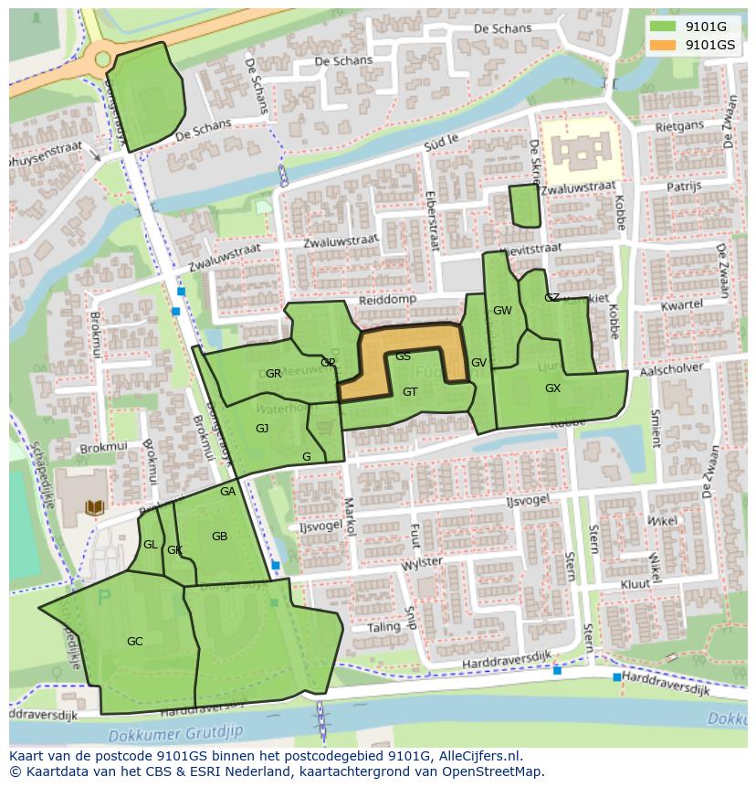 Afbeelding van het postcodegebied 9101 GS op de kaart.