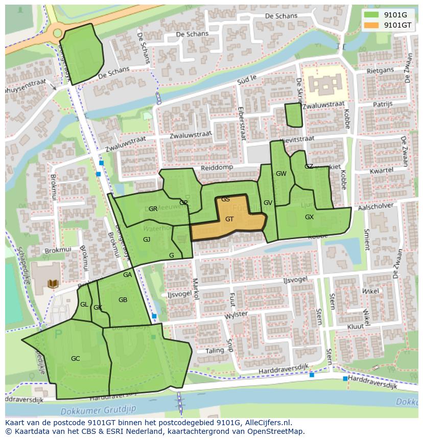 Afbeelding van het postcodegebied 9101 GT op de kaart.