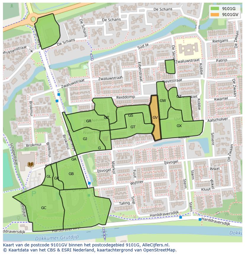 Afbeelding van het postcodegebied 9101 GV op de kaart.