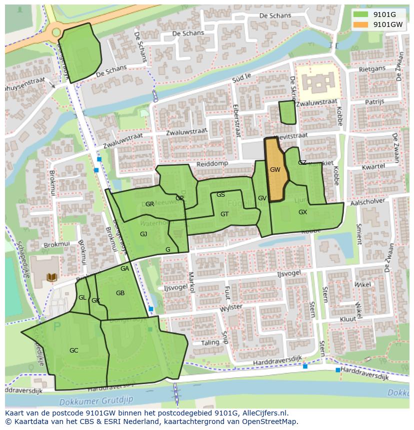Afbeelding van het postcodegebied 9101 GW op de kaart.