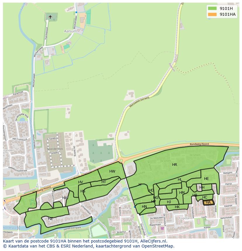 Afbeelding van het postcodegebied 9101 HA op de kaart.