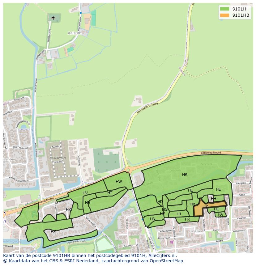 Afbeelding van het postcodegebied 9101 HB op de kaart.