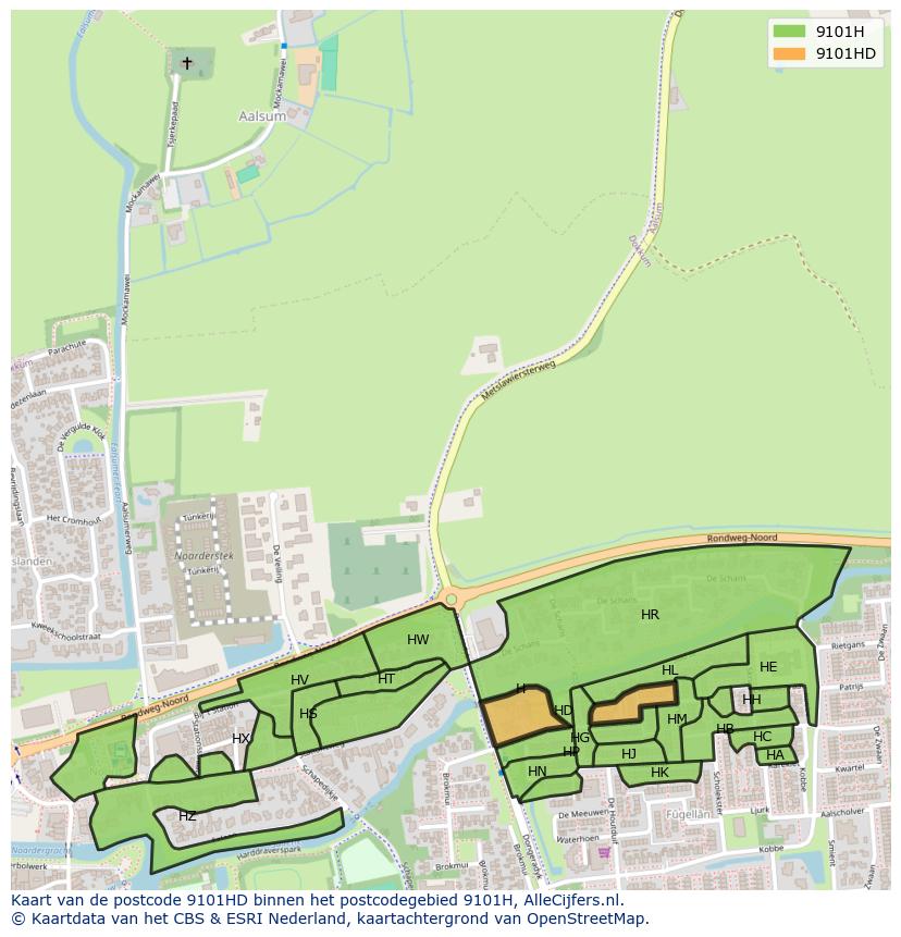 Afbeelding van het postcodegebied 9101 HD op de kaart.