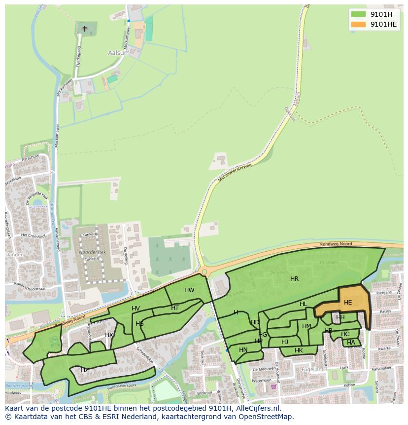 Afbeelding van het postcodegebied 9101 HE op de kaart.