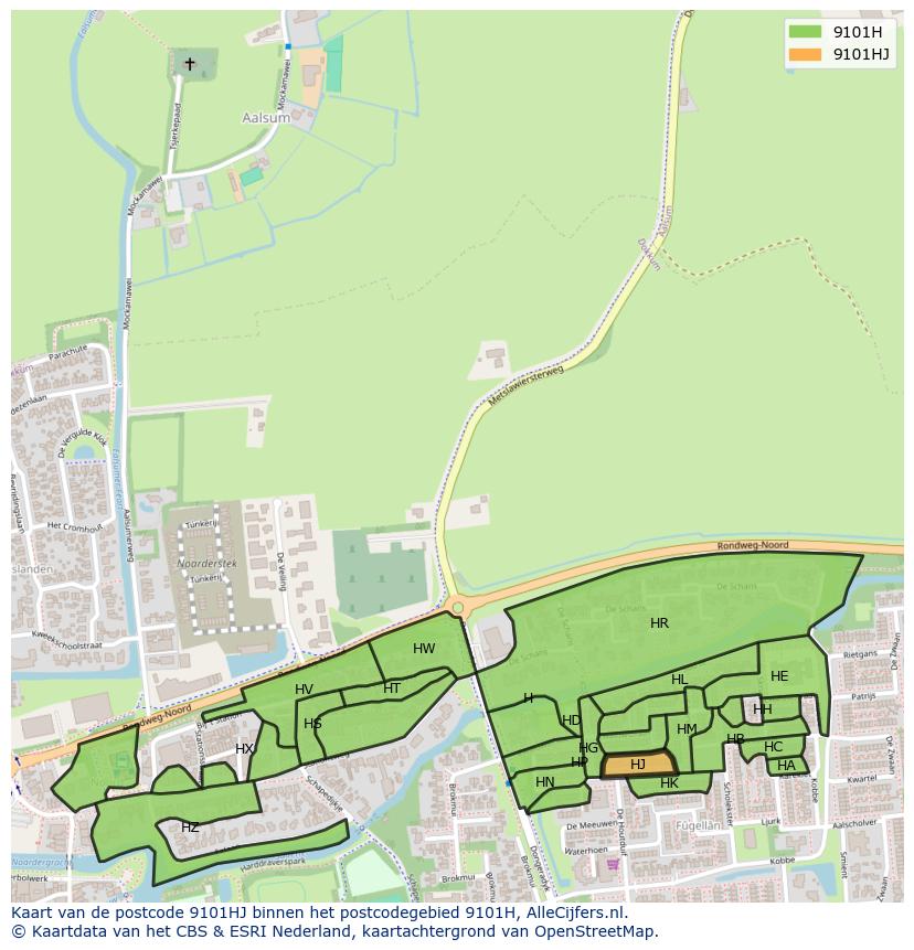 Afbeelding van het postcodegebied 9101 HJ op de kaart.