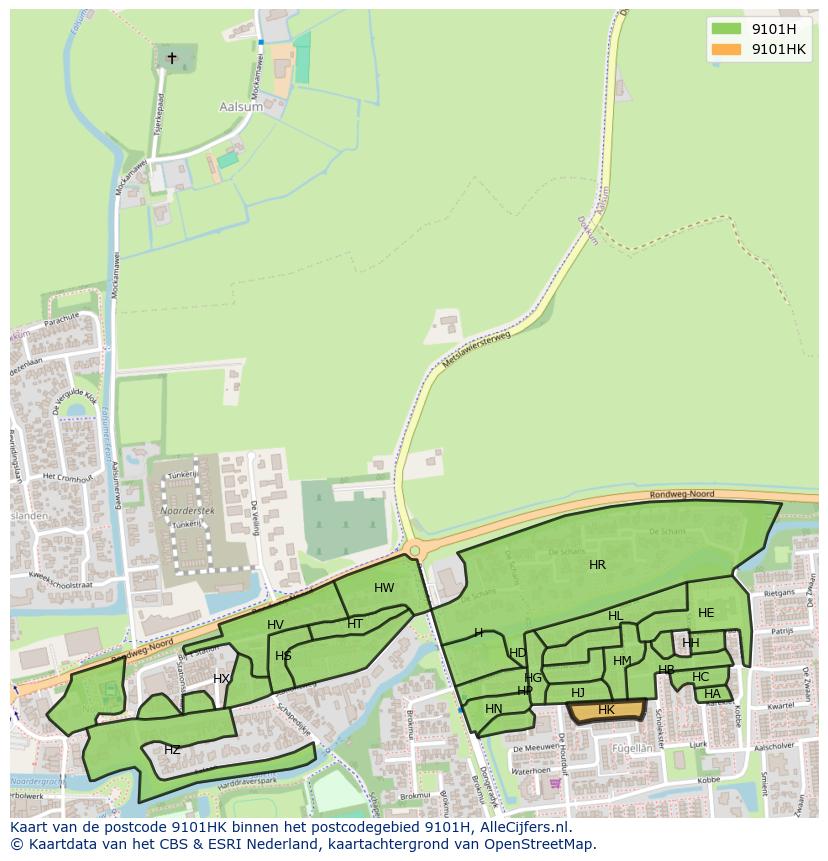 Afbeelding van het postcodegebied 9101 HK op de kaart.