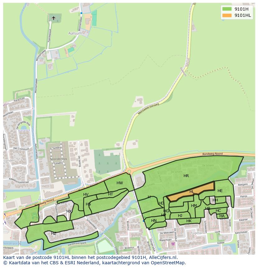 Afbeelding van het postcodegebied 9101 HL op de kaart.
