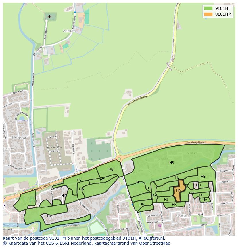 Afbeelding van het postcodegebied 9101 HM op de kaart.