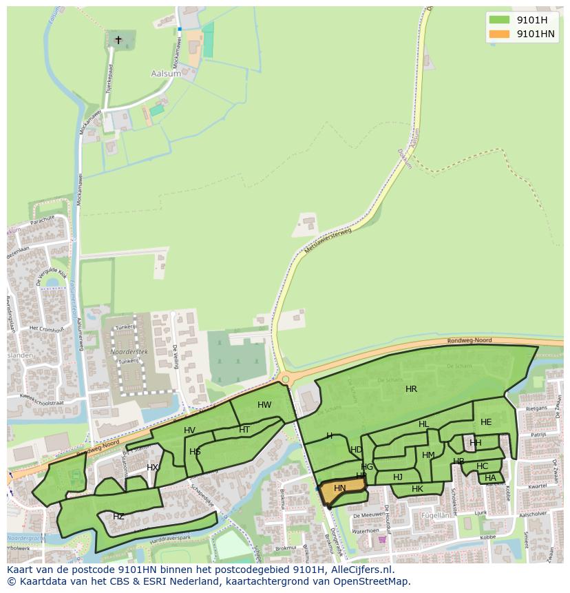 Afbeelding van het postcodegebied 9101 HN op de kaart.