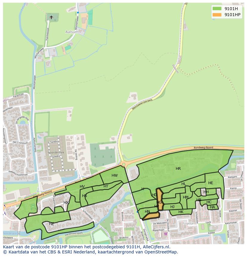Afbeelding van het postcodegebied 9101 HP op de kaart.