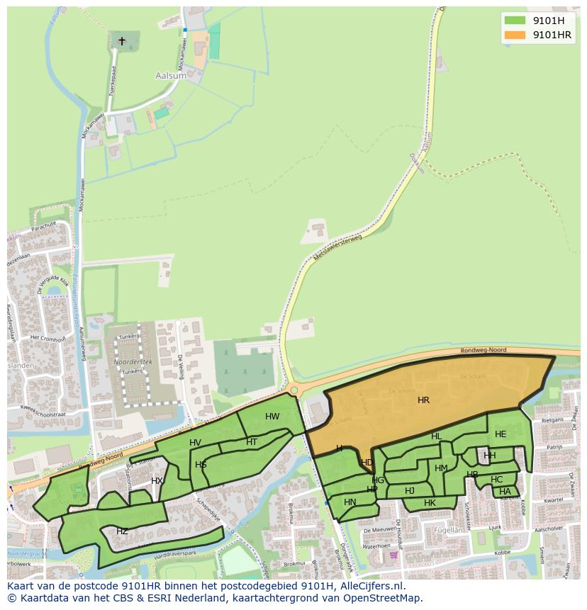 Afbeelding van het postcodegebied 9101 HR op de kaart.