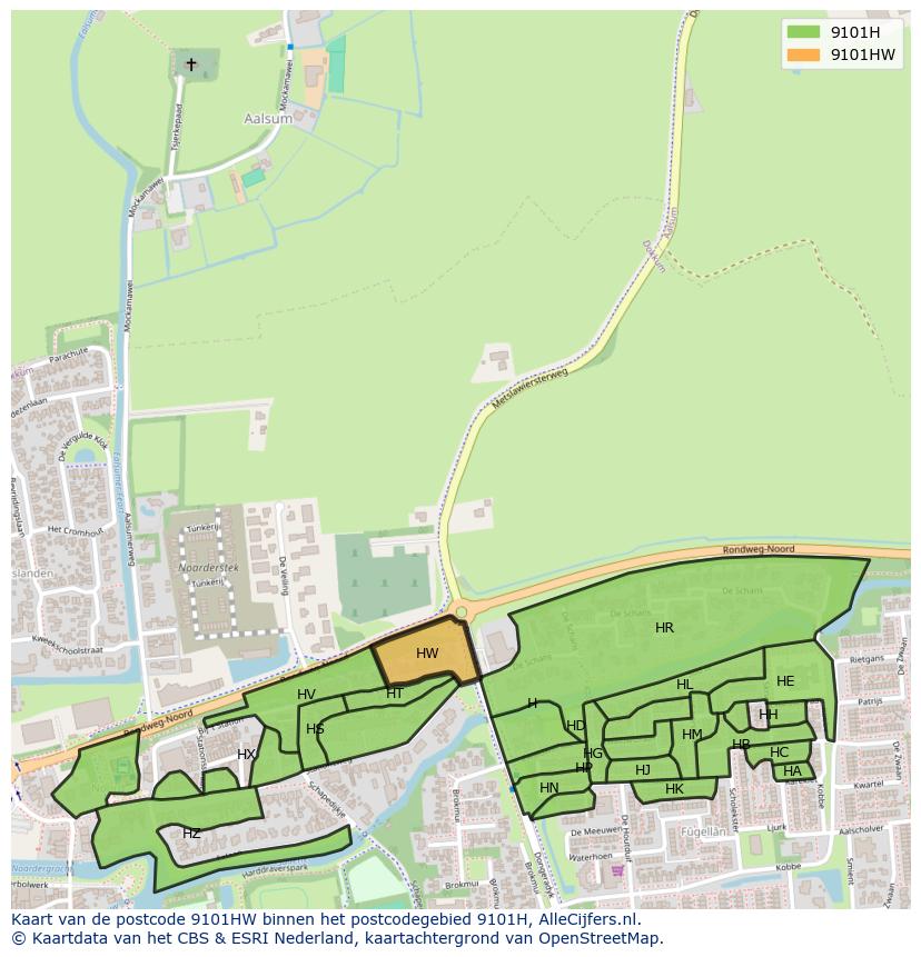 Afbeelding van het postcodegebied 9101 HW op de kaart.