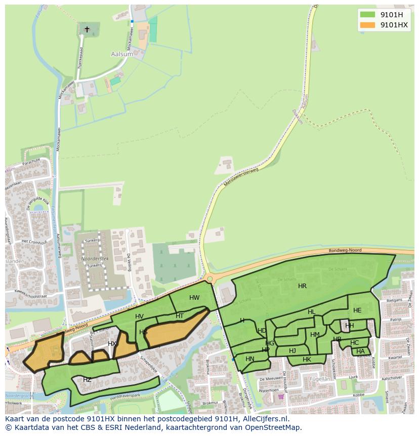 Afbeelding van het postcodegebied 9101 HX op de kaart.