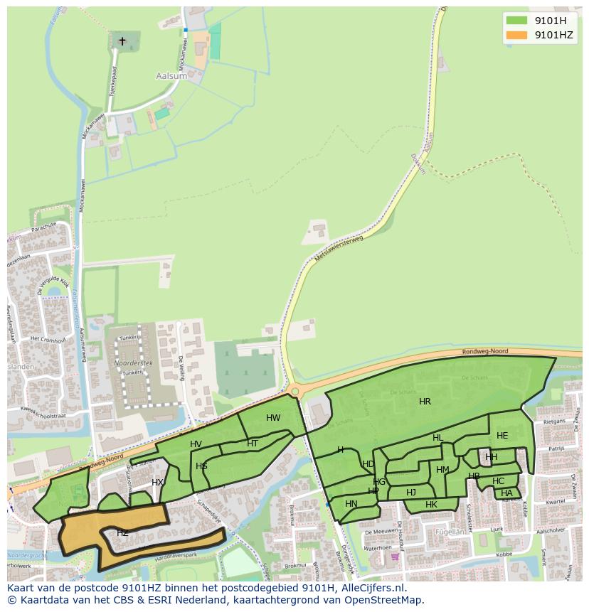 Afbeelding van het postcodegebied 9101 HZ op de kaart.