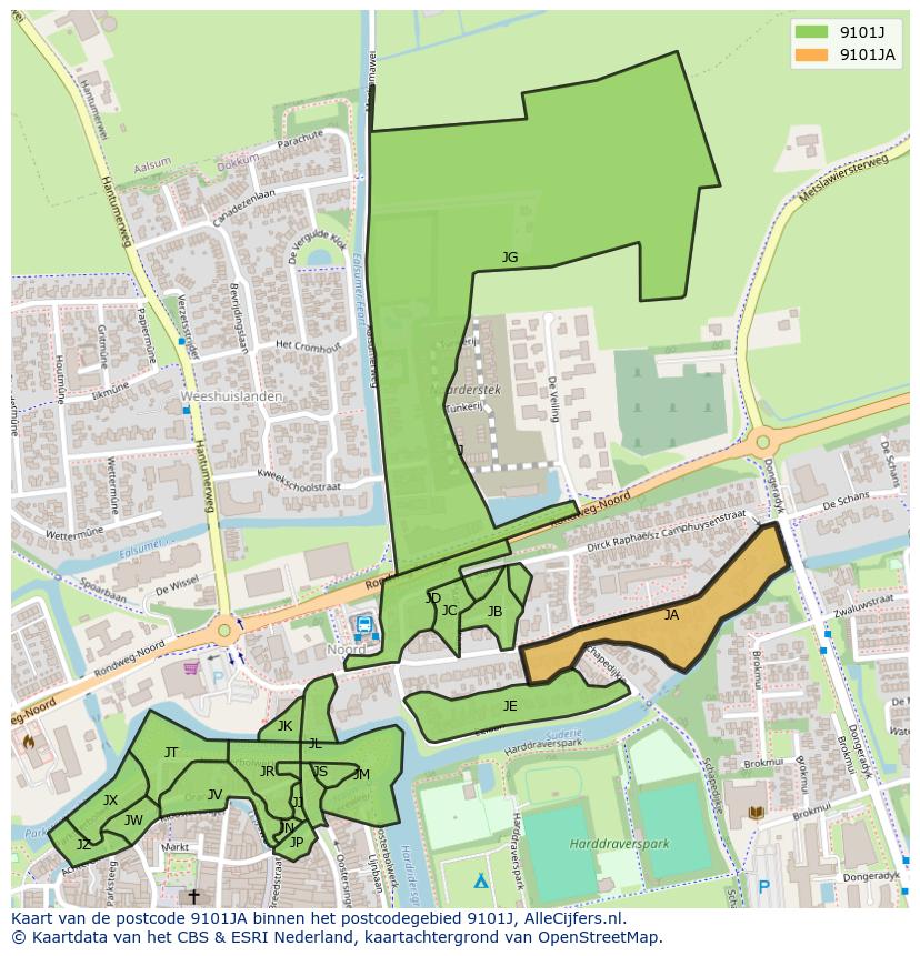 Afbeelding van het postcodegebied 9101 JA op de kaart.