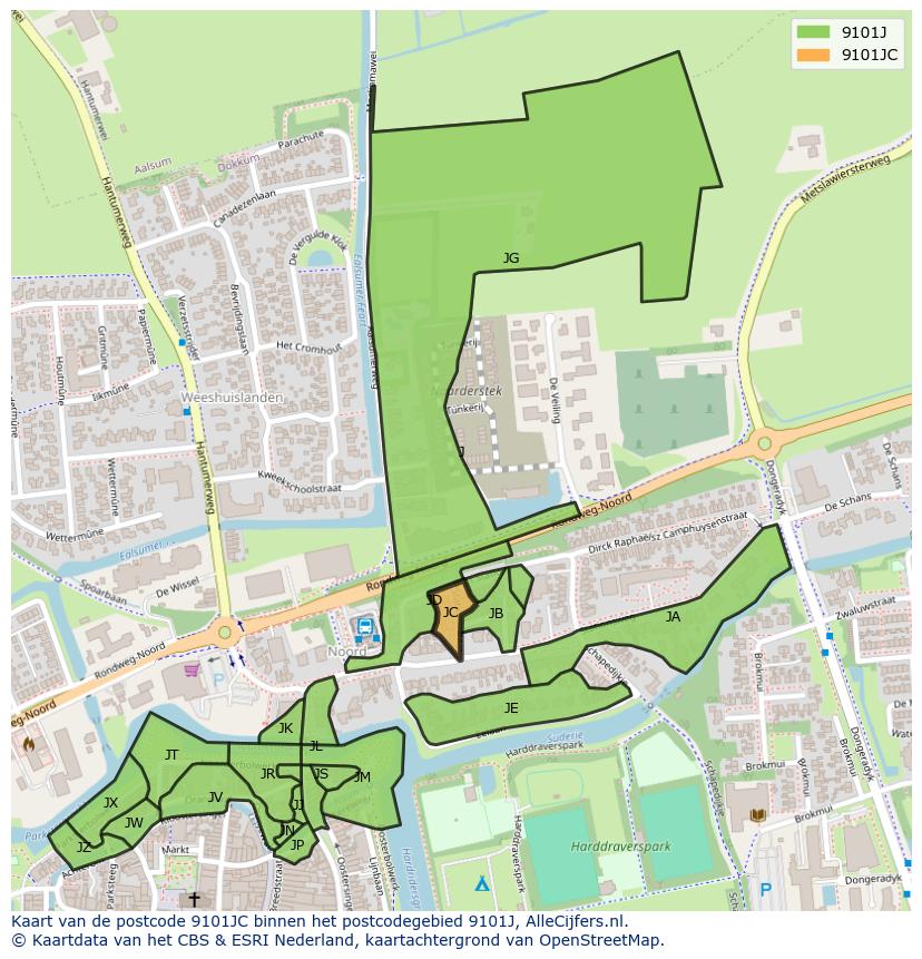 Afbeelding van het postcodegebied 9101 JC op de kaart.