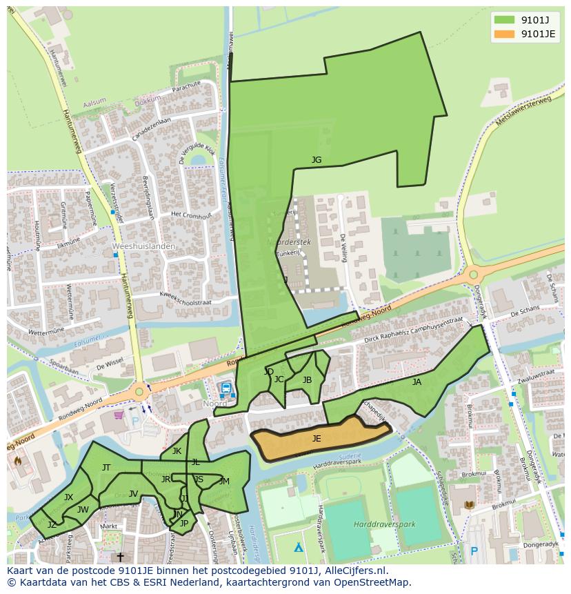 Afbeelding van het postcodegebied 9101 JE op de kaart.