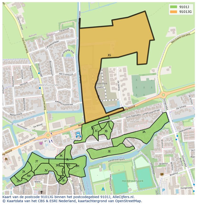 Afbeelding van het postcodegebied 9101 JG op de kaart.