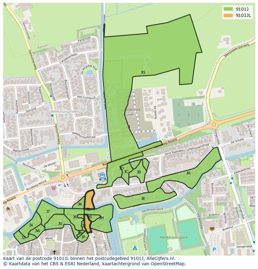 Afbeelding van het postcodegebied 9101 JL op de kaart.