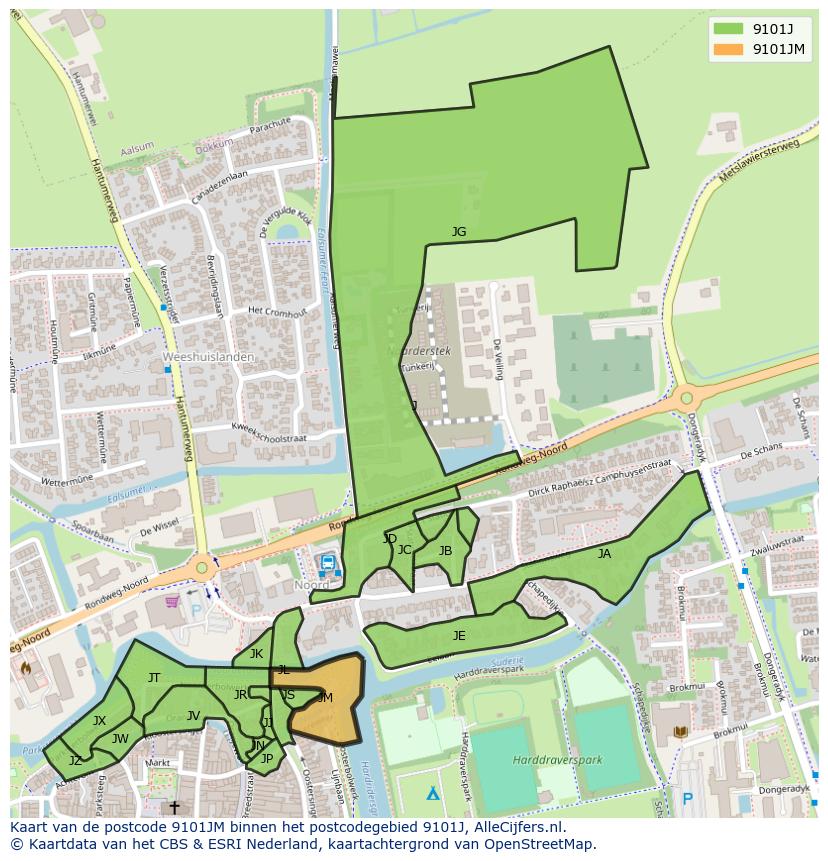 Afbeelding van het postcodegebied 9101 JM op de kaart.