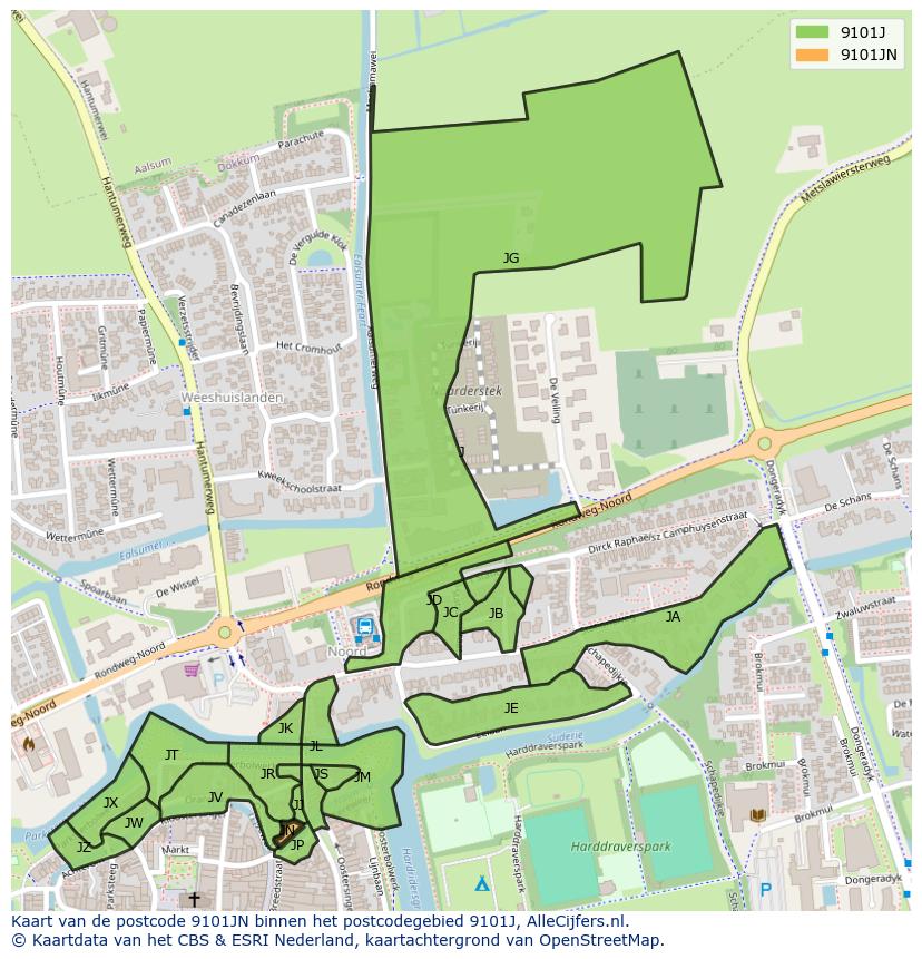 Afbeelding van het postcodegebied 9101 JN op de kaart.